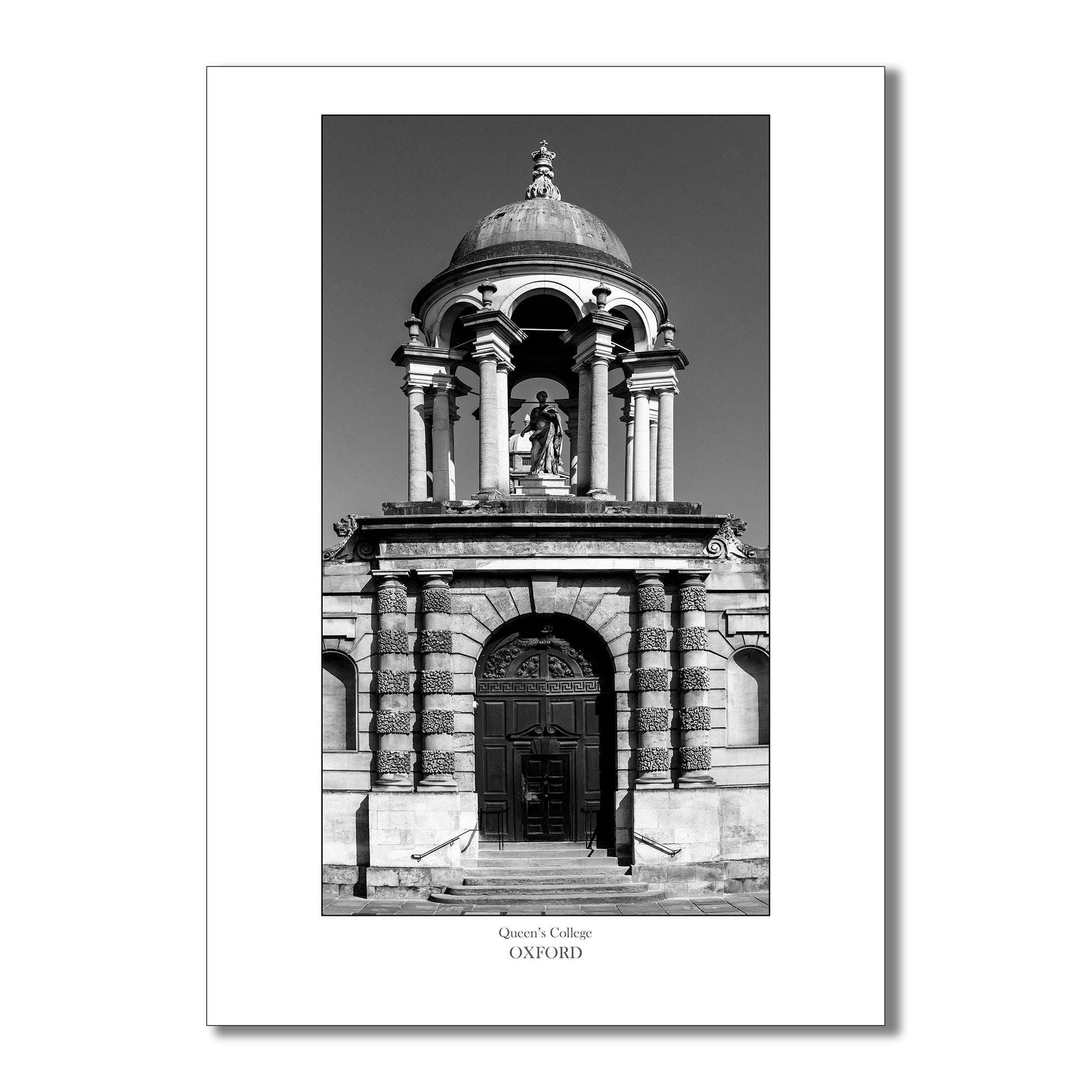 This stunning Oxford souvenir monochrome art print showcases the iconic Queen's College frontage, with its distinctive cupola.