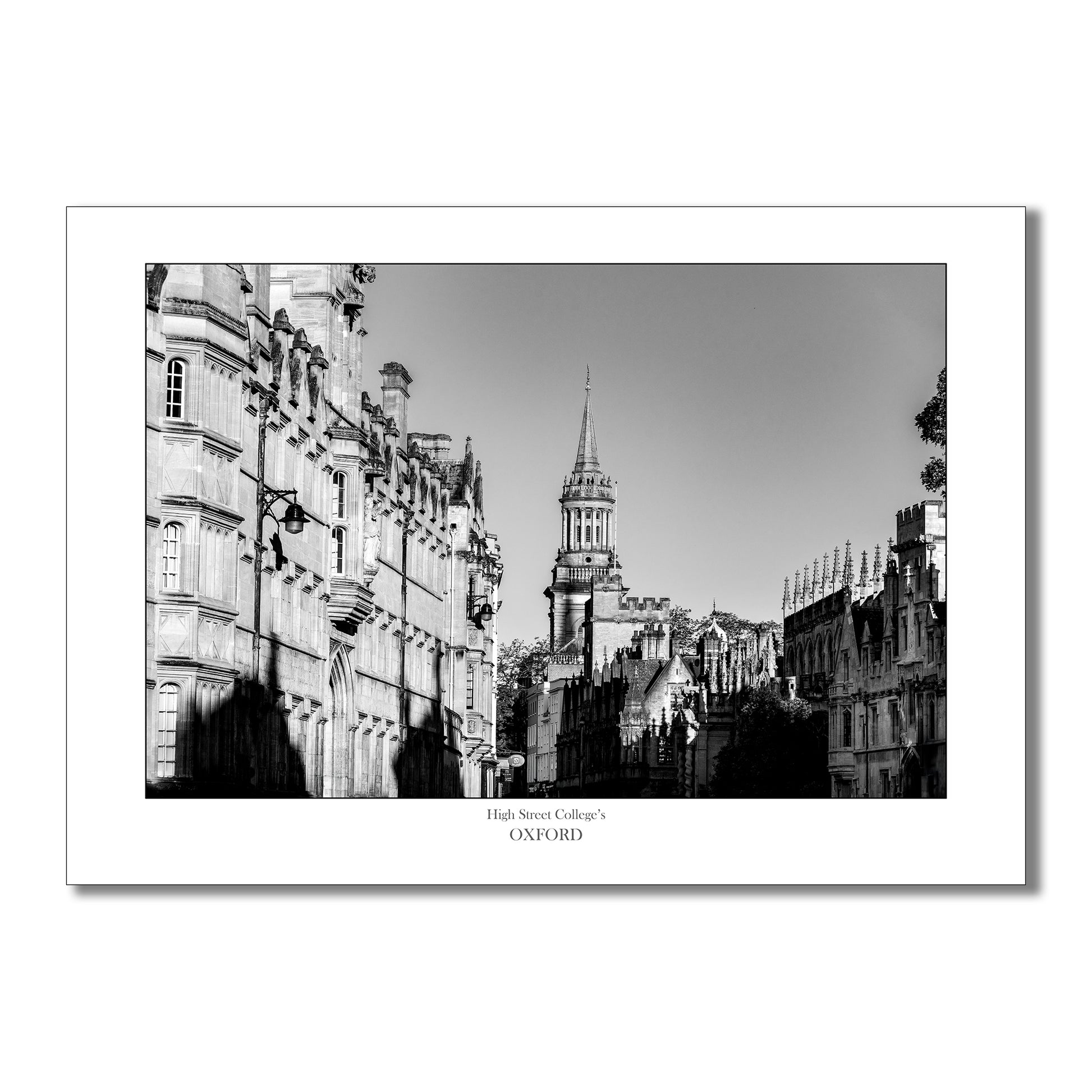 Souvenir, gift or memento of Oxford. B&W  Art Print of Oxford High Street colleges