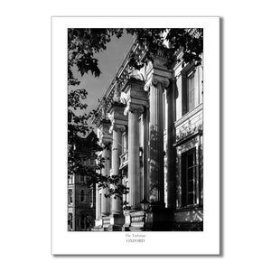 "Black-and-white art print showcasing the striking neoclassical columns of the Taylorian Institution in Oxford, capturing timeless architectural elegance and the grandeur of this historic landmark."