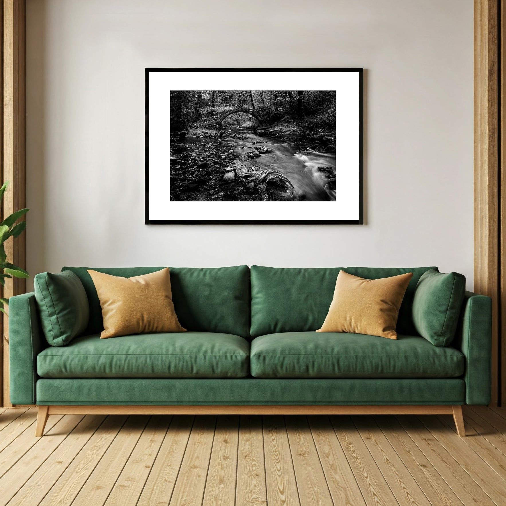 A captivating black and white wall art print showcasing the dynamic interplay of light and shadow on a rushing stream in the Ashworth Valley. A fallen tree branch, etched with the marks of time, adds a touch of rustic charm.