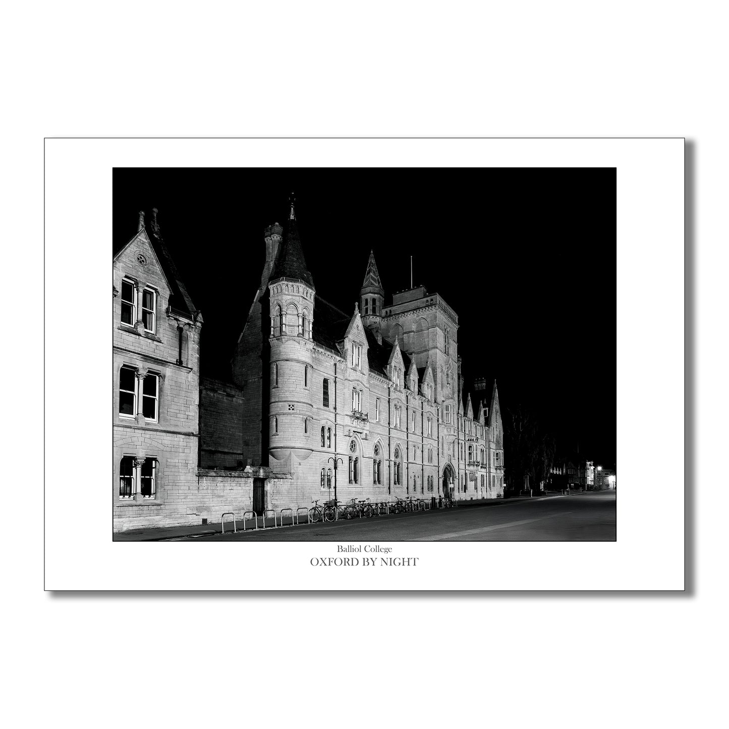 For tourists and students: A captivating black and white photo art print of Balliol College, Oxford. Empty streets during lockdown offer a rare glimpse of the college in a moment of quiet reflection