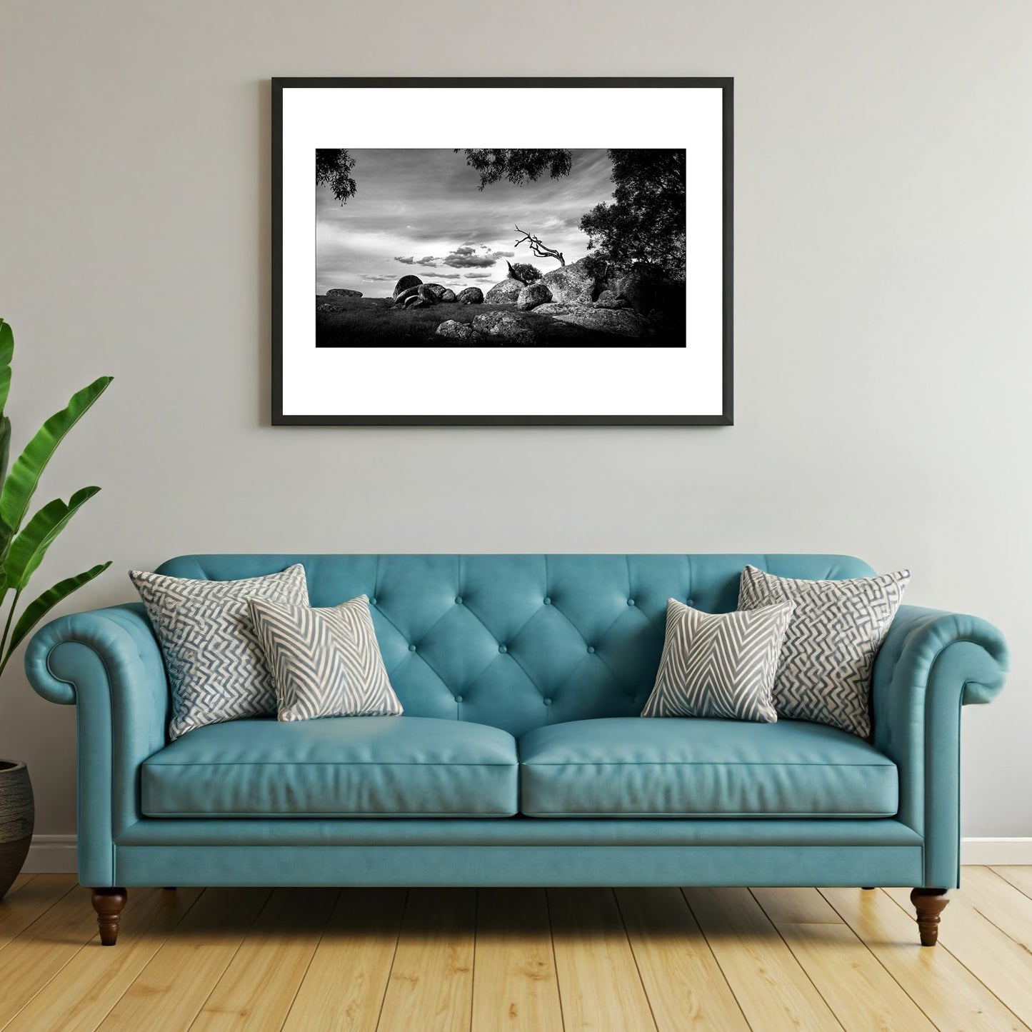 Dramatic black and white landscape wall art print of weathered boulders in the Barossa Valley, Australia. Showcasing the interplay of light and shadow