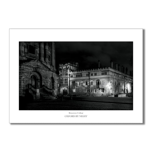 Brasenose College, Oxford, after dark photographic art print taken during the pandemic lockdown. Empty streets contrast with the imposing Gothic architecture. Black and white photograph