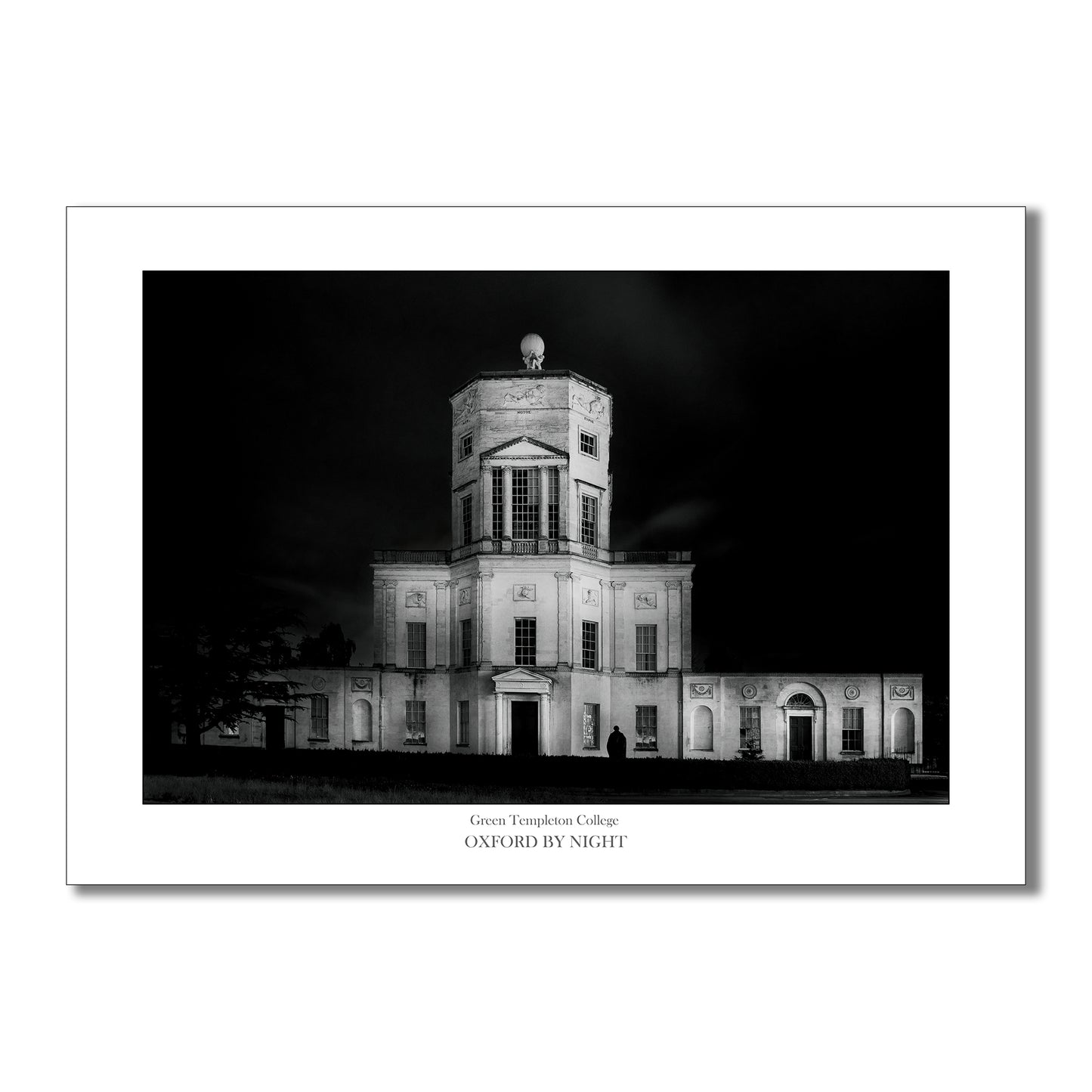 Exclusive B&W art print showcasing the Radcliffe Observatory in Oxford under the cover of darkness. A mesmerizing black and white image highlighting the architectural details of this historic landmark.