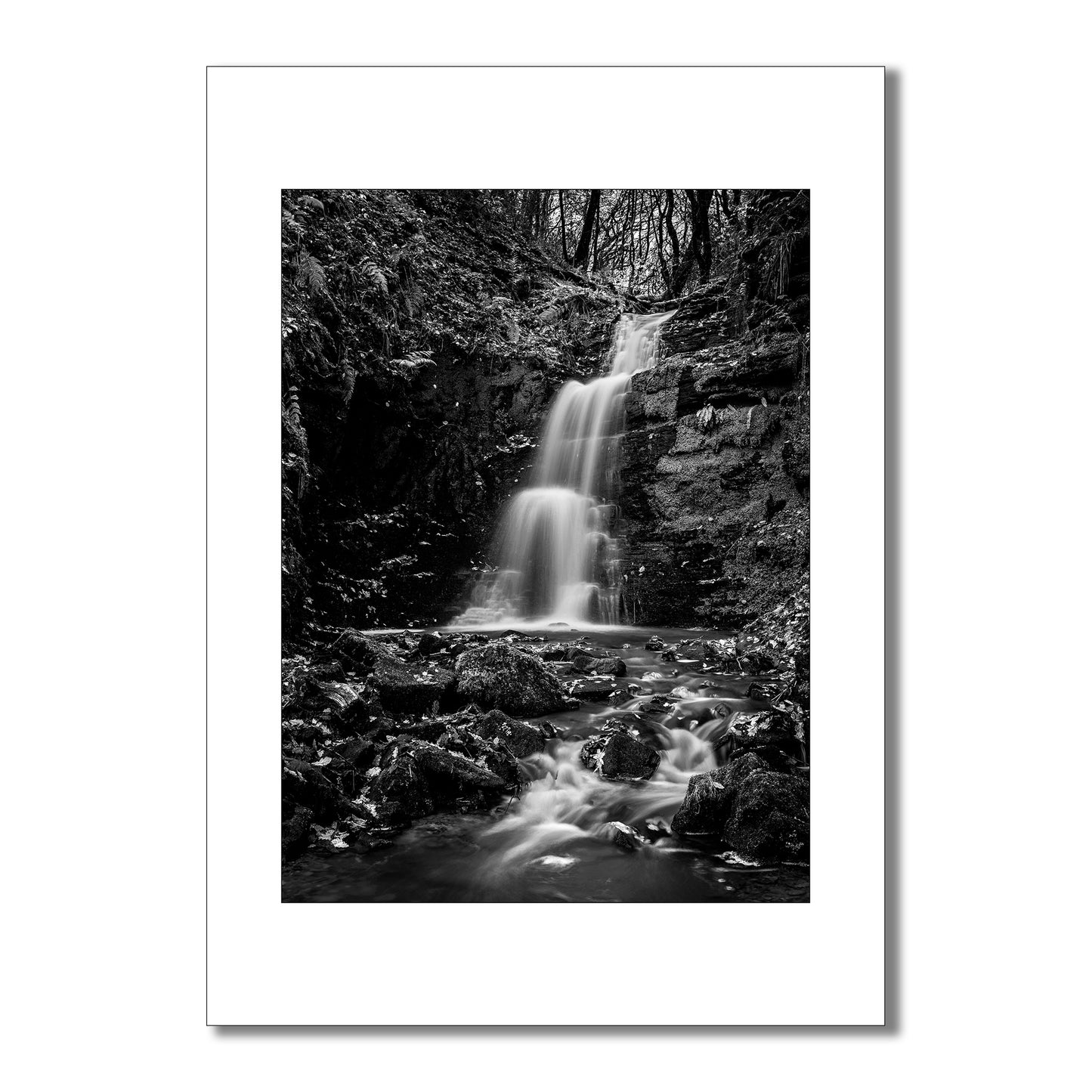 Black and white fine art print of a waterfall, perfect for modern home decor