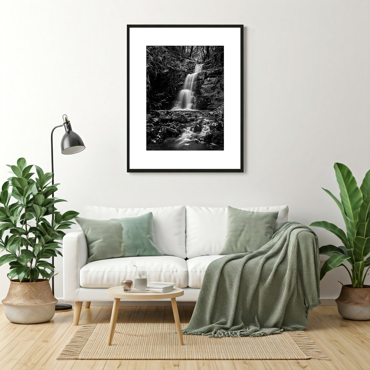 Black and white fine art wall print of a waterfall, perfect for modern home decor