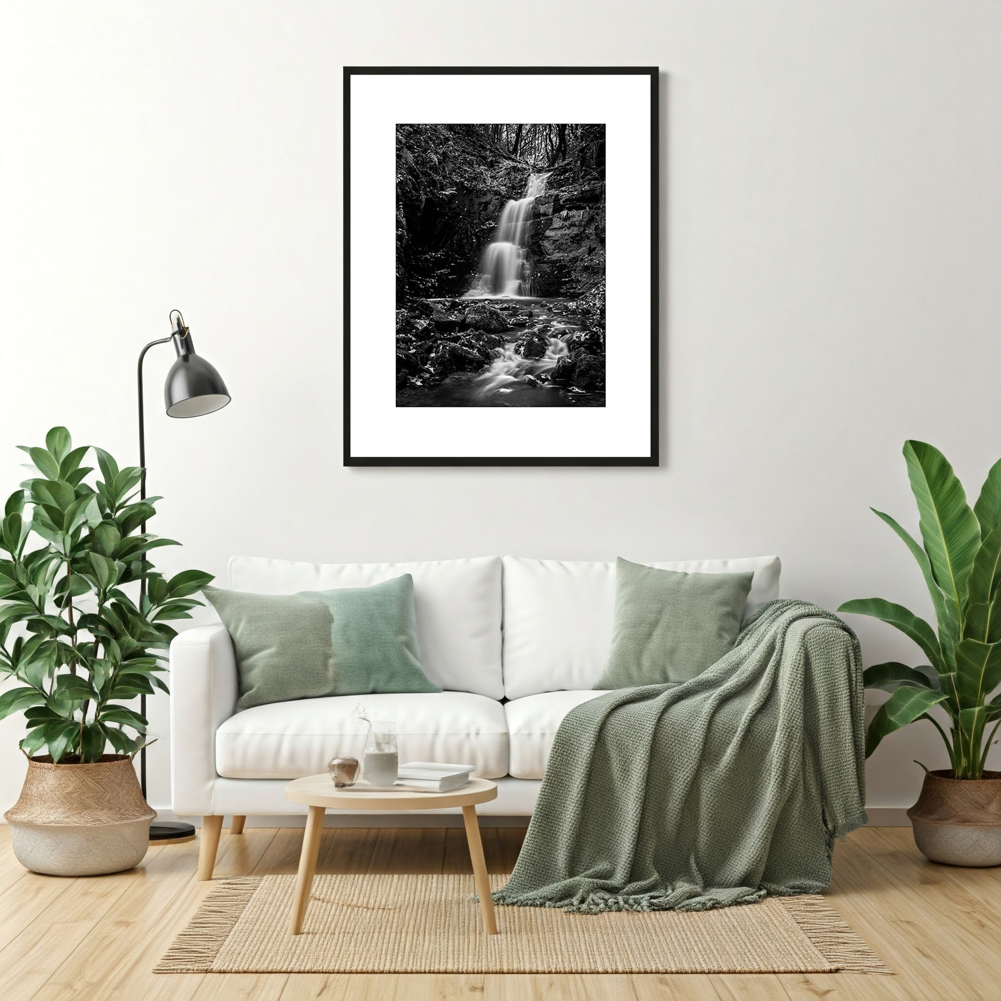 Black and white fine art wall print of a waterfall, perfect for modern home decor