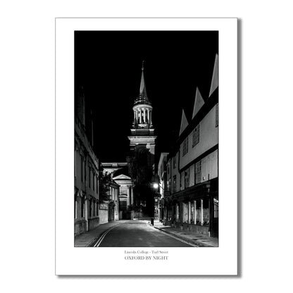 Exclusive B&W art print showcasing Lincoln College in Oxford under the cover of darkness. A mesmerizing black and white image highlighting the architectural details of this historic college.