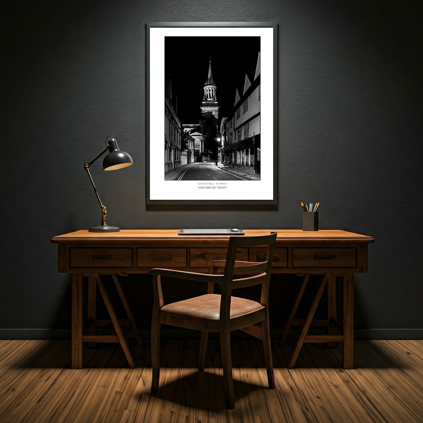 Exclusive B&W wall art print showcasing Lincoln College in Oxford under the cover of darkness. A mesmerizing black and white image highlighting the architectural details of this historic college.