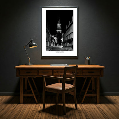 Exclusive B&W wall art print showcasing Lincoln College in Oxford under the cover of darkness. A mesmerizing black and white image highlighting the architectural details of this historic college.