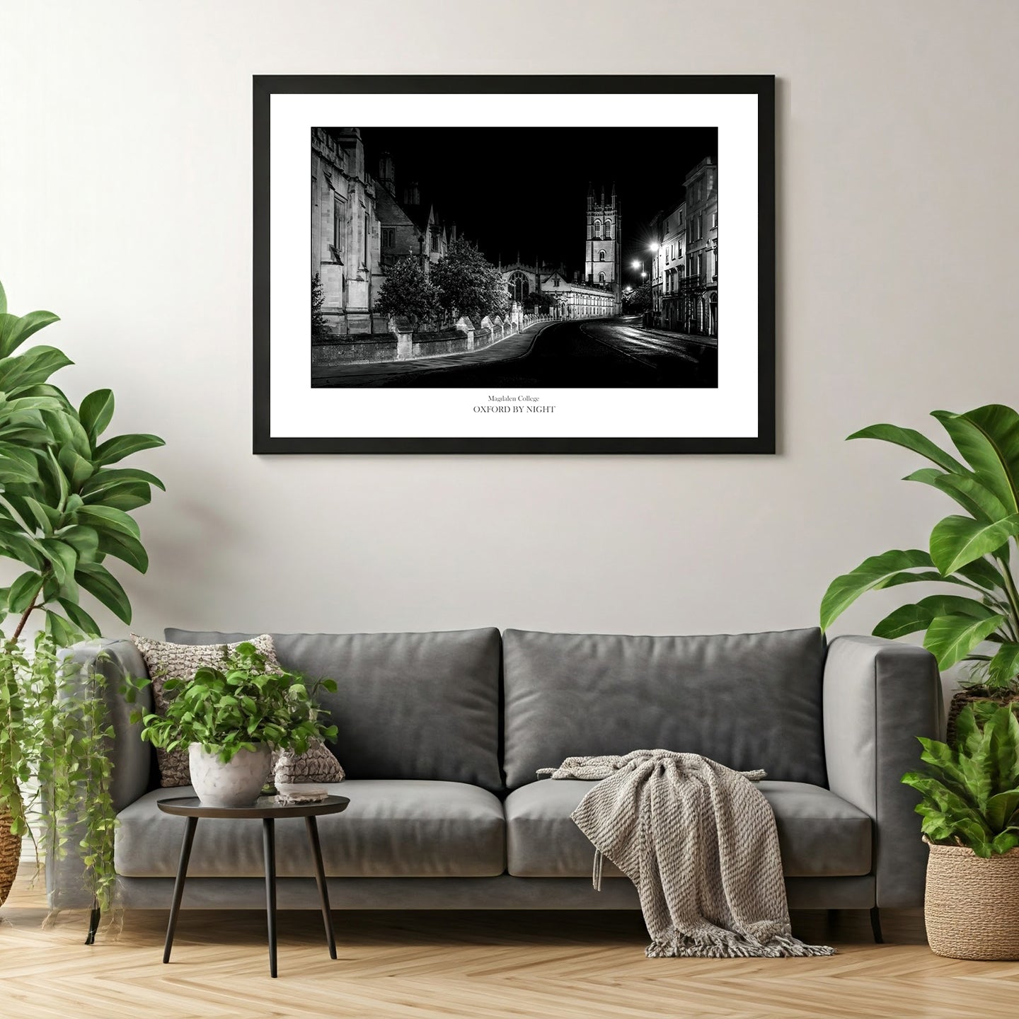 Exclusive B&W wall art print showcasing Magdalen College Tower in Oxford under the cover of darkness as seen from High Street. A mesmerizing black and white image highlighting the architectural details of this historic Oxford college.