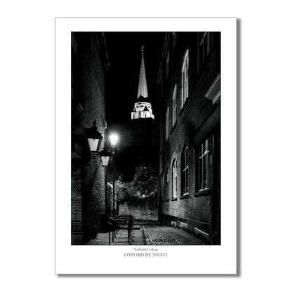 Exclusive B&W art print showcasing Nuffield College Tower in Oxford under the cover of darkness. A mesmerizing black and white image highlighting the architectural details of this historic college.