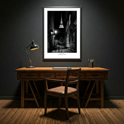 Exclusive B&W wall art print showcasing Nuffield College Tower in Oxford under the cover of darkness. A mesmerizing black and white image highlighting the architectural details of this historic college.