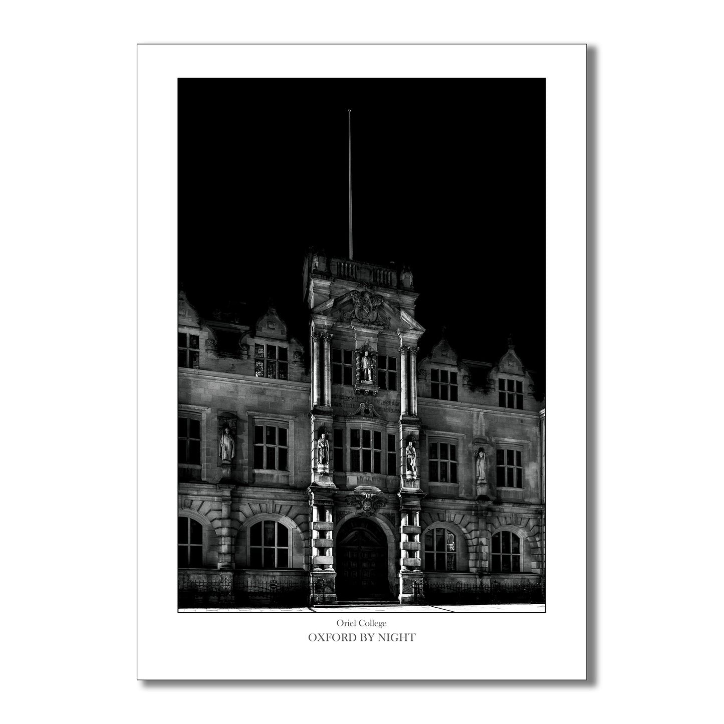 Evocative B&W art print showcasing the architecture of Oriel College Oxford under the cover of darkness. A mesmerizing black and white image highlighting the architectural details of this historic college.