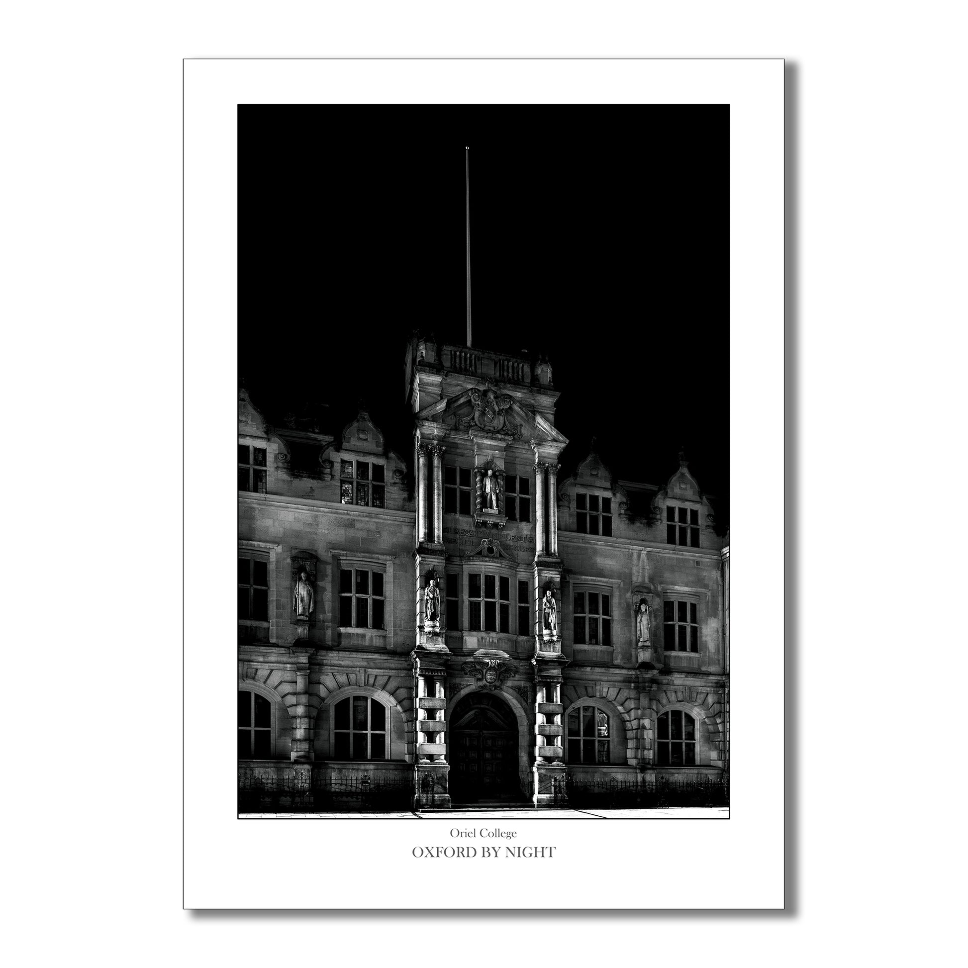 Evocative B&W art print showcasing the architecture of Oriel College Oxford under the cover of darkness. A mesmerizing black and white image highlighting the architectural details of this historic college.