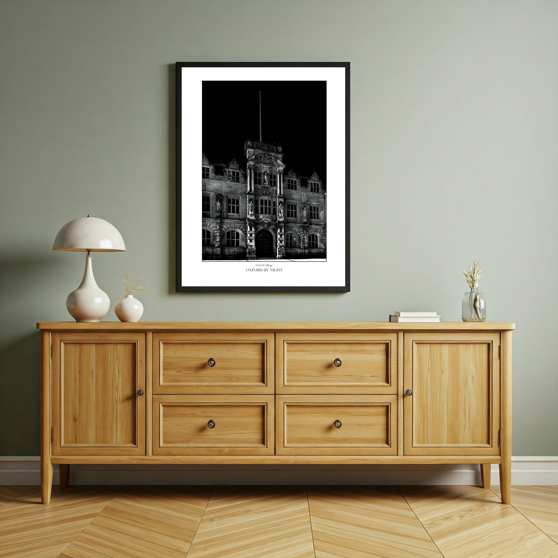 Evocative B&W wall art print showcasing the architecture of Oriel College Oxford under the cover of darkness. A mesmerizing black and white image highlighting the architectural details of this historic college.