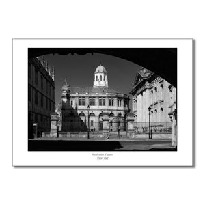 Black-and-white art print of the Sheldonian Theatre in Oxford, showcasing its neoclassical architecture designed by Sir Christopher Wren, highlighting its timeless elegance and historical significance