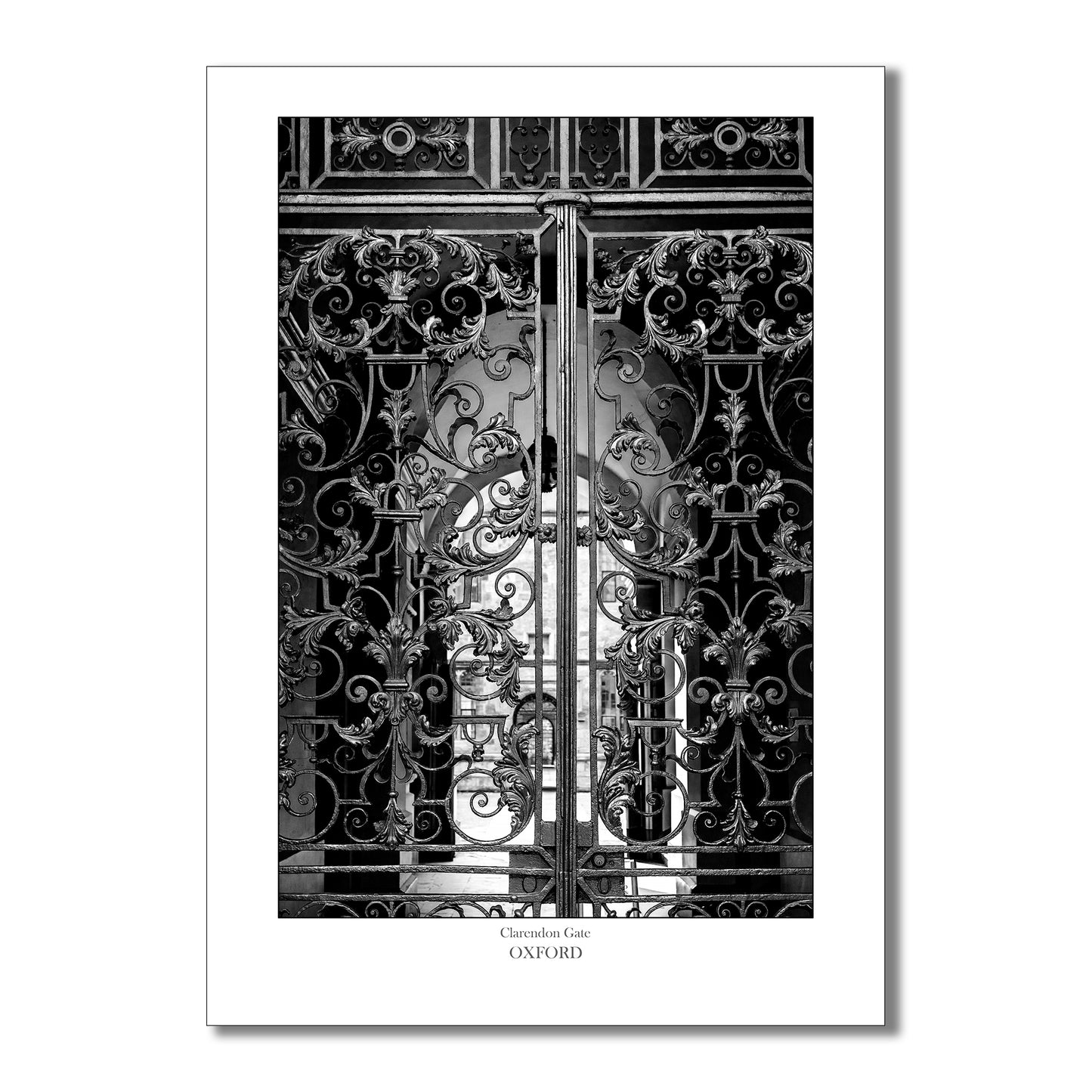 Souvenir, gift and memento of Oxford. B&W Print of gateway to the Clarendon Building in Oxford