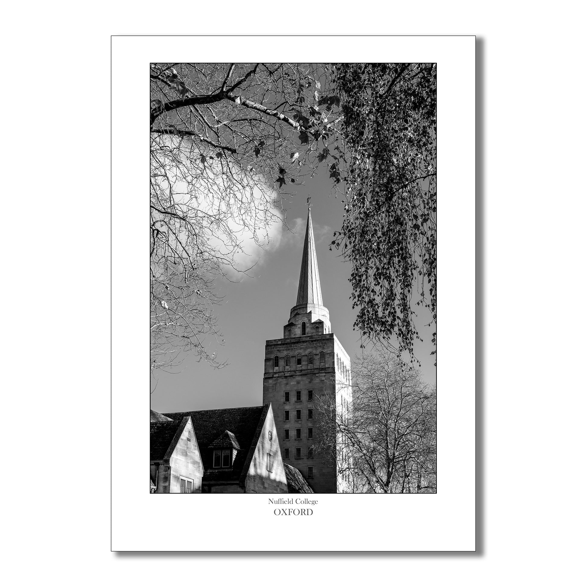 Souvenir, gift or memento of Oxford. B&W  Art Print of Nuffield College Oxford.