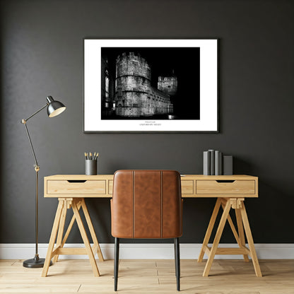 Evocative B&W wall art print showcasing the architecture of  Oxford Castle under the cover of darkness. A mesmerizing black and white image highlighting the architectural details of this historic building.