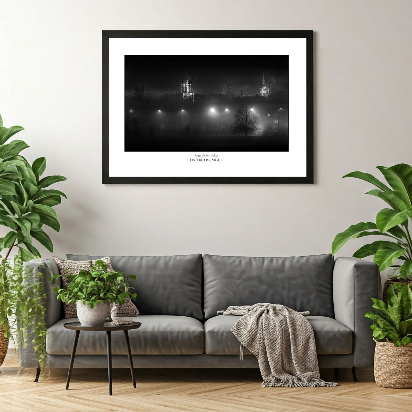 Evocative and mysterious B&W wall art print capturing the floodlit spires of Oxford under the cover of darkness. 