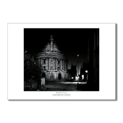 Exclusive B&W art print showcasing The Radcliffe Camera in Oxford under the cover of darkness. A mesmerizing black and white image highlighting the architectural details of this iconic Oxford Building.