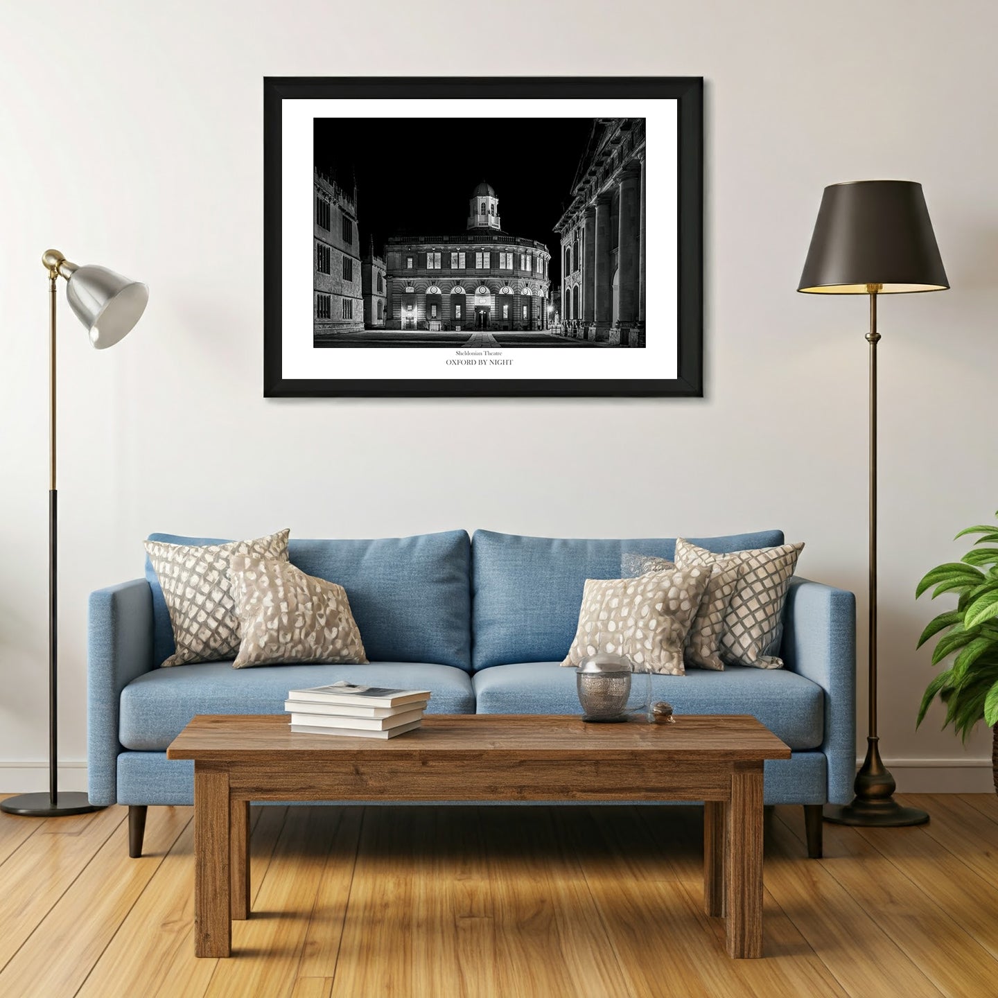 Exclusive B&W wall art print showcasing The Sheldonian Theatre in Oxford under the cover of darkness. A mesmerizing black and white image highlighting the architectural details of this iconic Oxford Building.