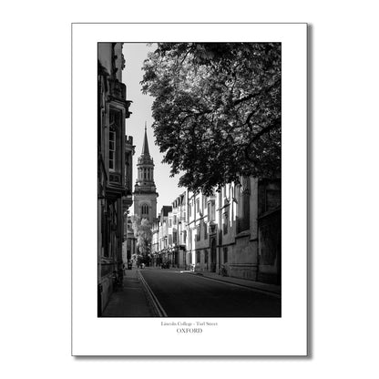 Black and White Art print of Lincoln college chapel at the end of Turl Street in Oxford, an ideal souvenir gift art print from Oxford