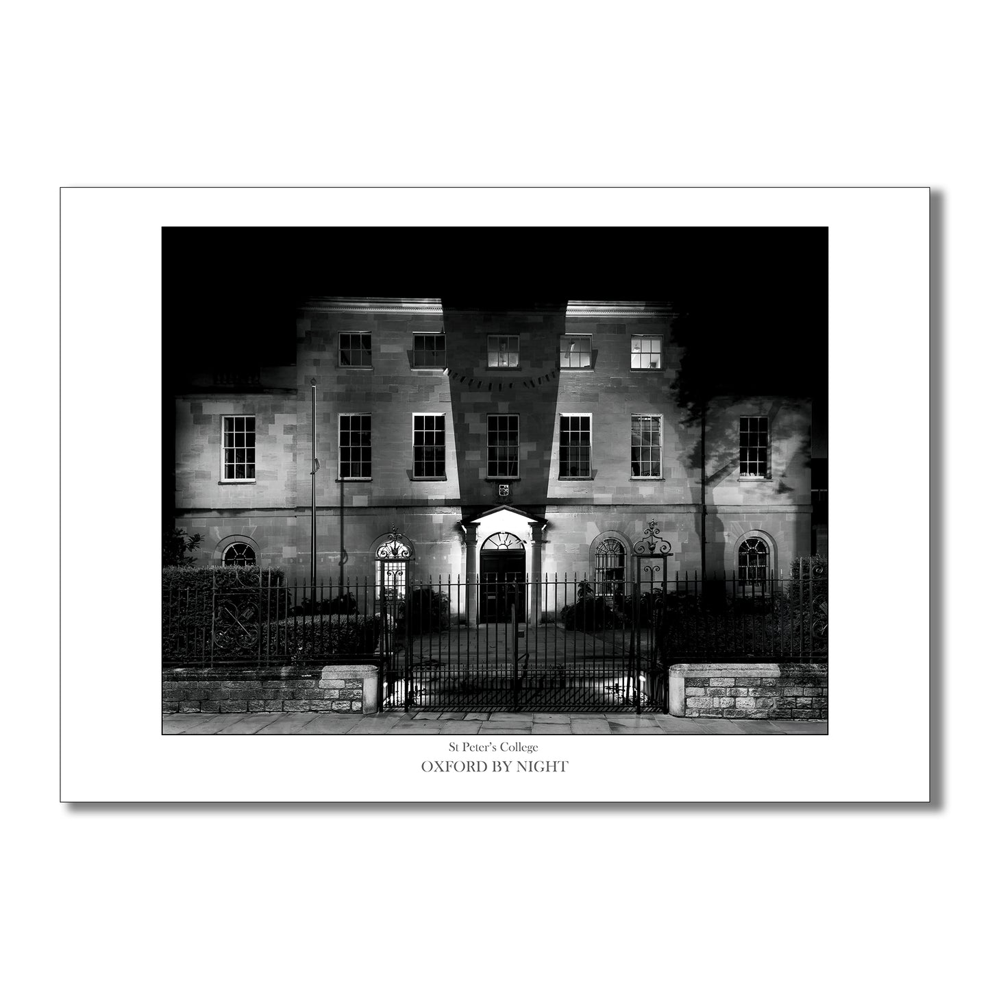 Exclusive B&W art print showcasing St Peters College in Oxford under the cover of darkness. The light and shadow of this black and white image highlights the architectural details 