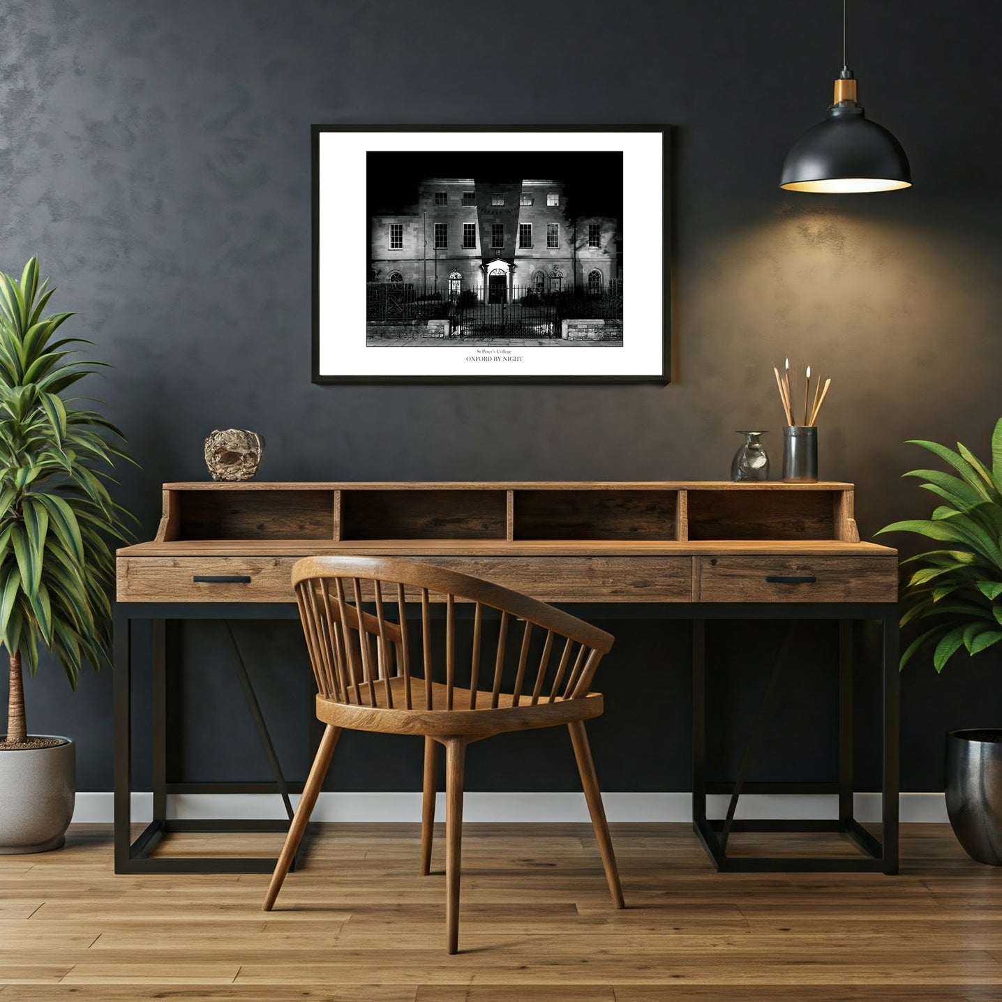 Exclusive B&W wall art print showcasing St Peters College in Oxford under the cover of darkness. The light and shadow of this black and white image highlights the architectural details 