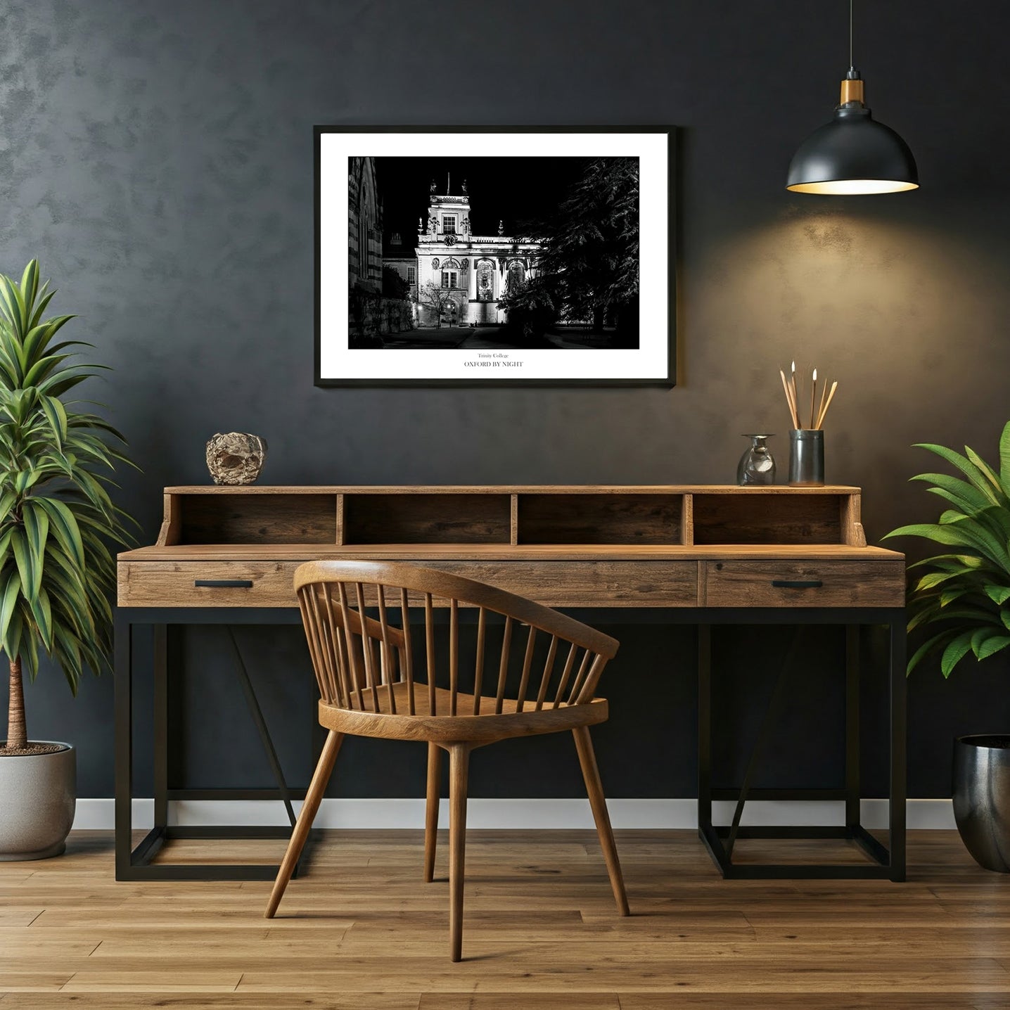 Evocative B&W wall art print showcasing the floodlit architecture of Trinity College Oxford under the cover of darkness. A mesmerizing black and white image highlighting the architectural details of this historic college.