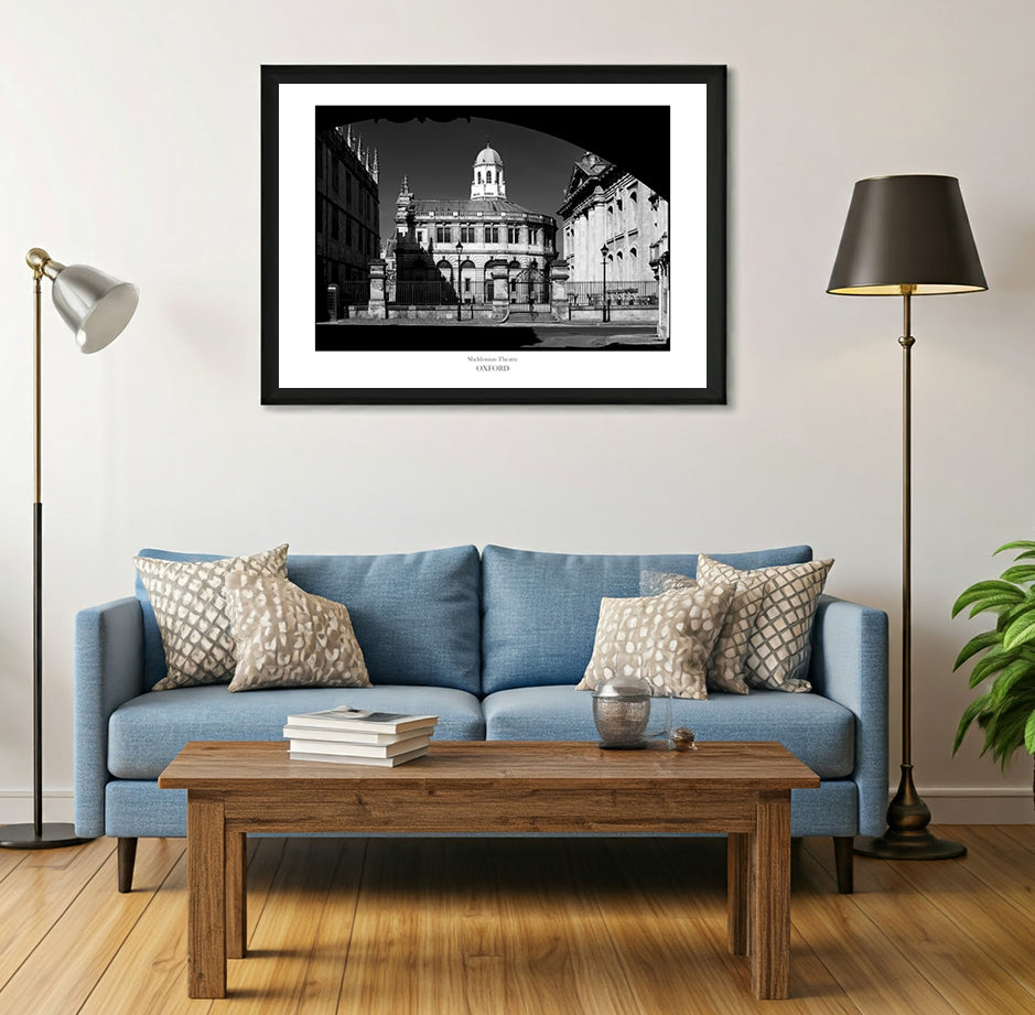 Black-and-white wall art print of the Sheldonian Theatre in Oxford, showcasing its neoclassical architecture designed by Sir Christopher Wren, highlighting its timeless elegance and historical significance