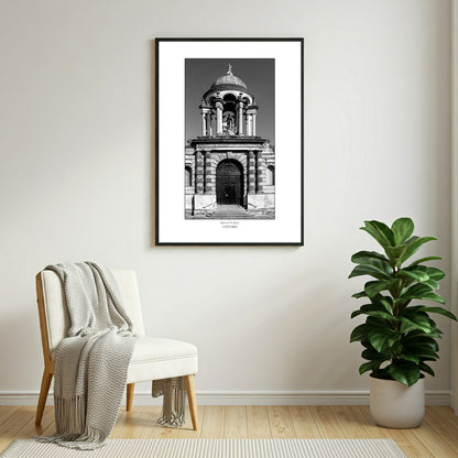 Stunning Oxford souvenir monochrome wall art print showcases the iconic Queen's College frontage, with its distinctive cupola.