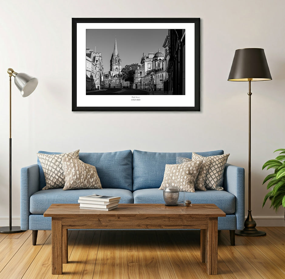 Beautiful gift and souvenir of Oxford, a black and white framed art print of Oxford High street