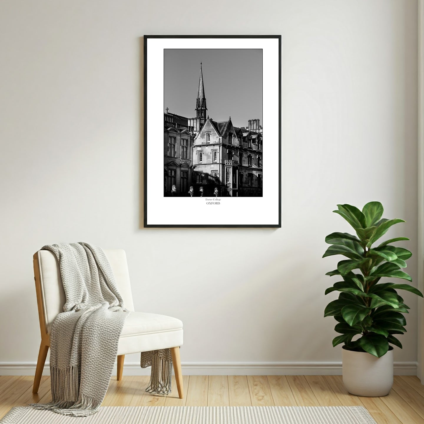 Monochrome wall art print of Exeter College Chapel tower viewed from Broad Street in Oxford, showcasing intricate Gothic architecture and the historic charm of the city in a striking black-and-white palette.