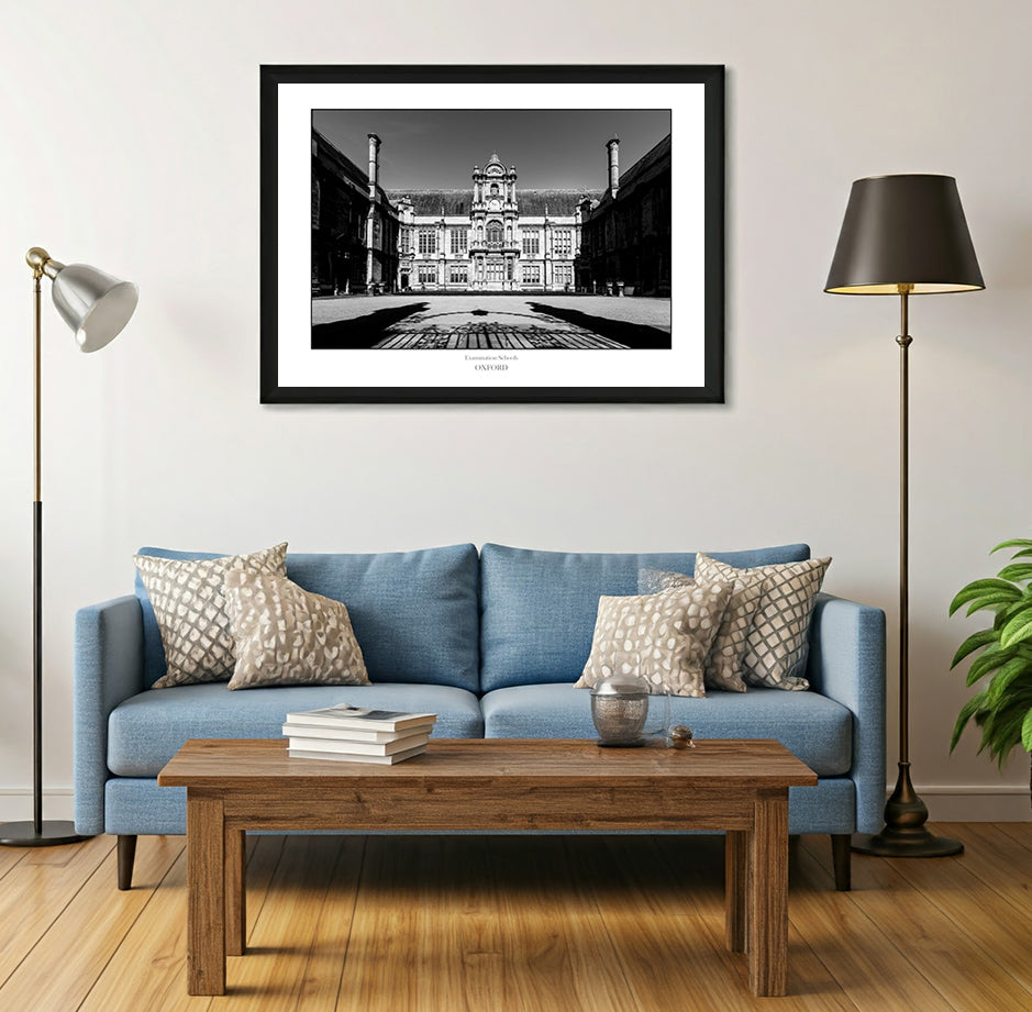 Souvenir gift framed wall print of Oxford Examination Schools. B&W Print showing Oxford Architecture